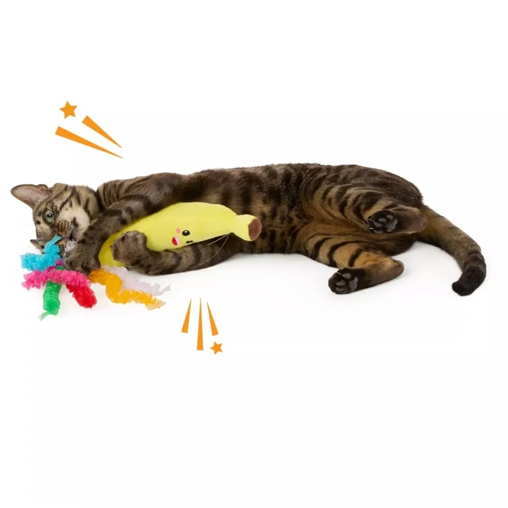 NWT Whisker City® Banana Kicker Cat Toy with Colorful Ribbons